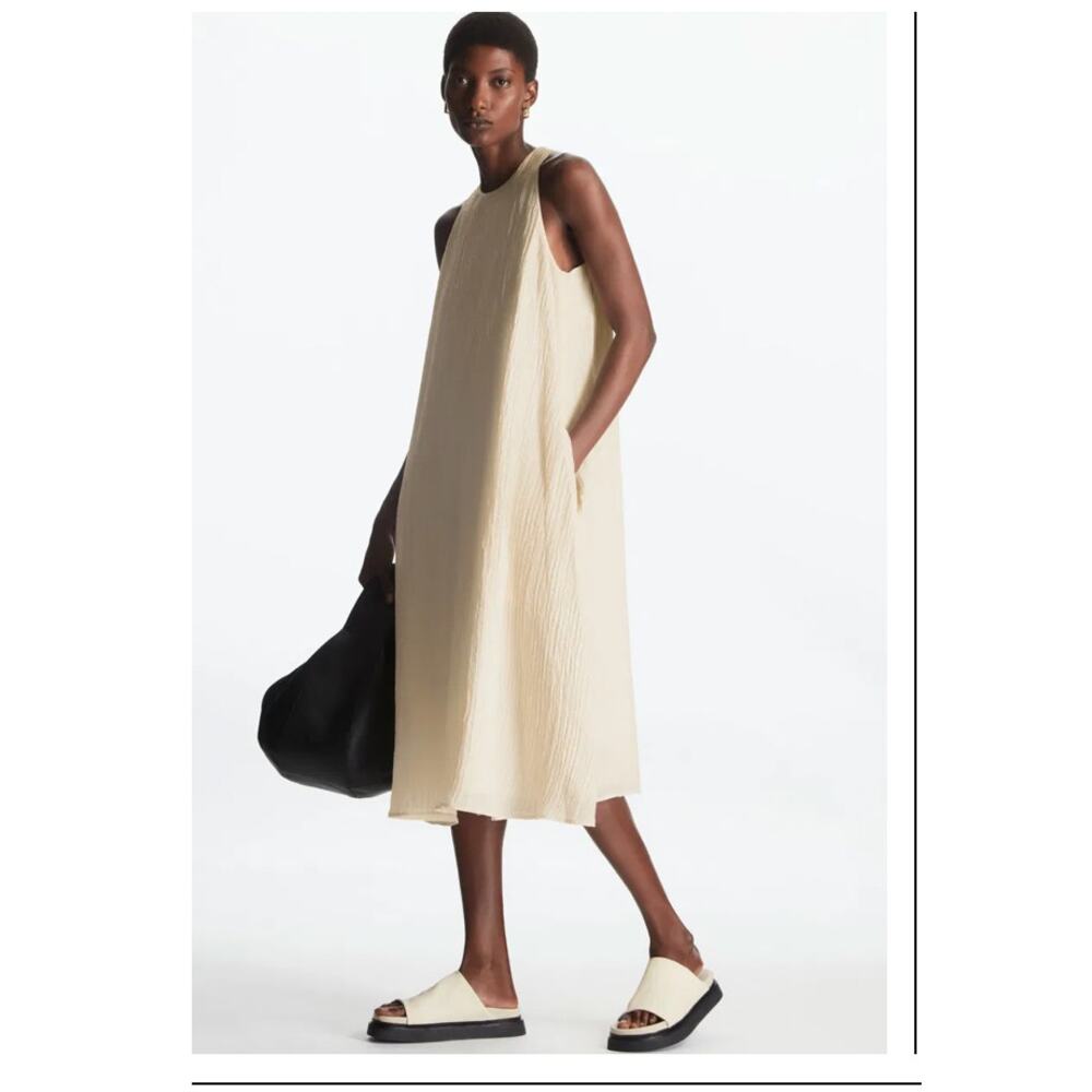 COS Seersucker Midi Dress Size 12 Ivory Racerback A-Line Minimalist Pockets